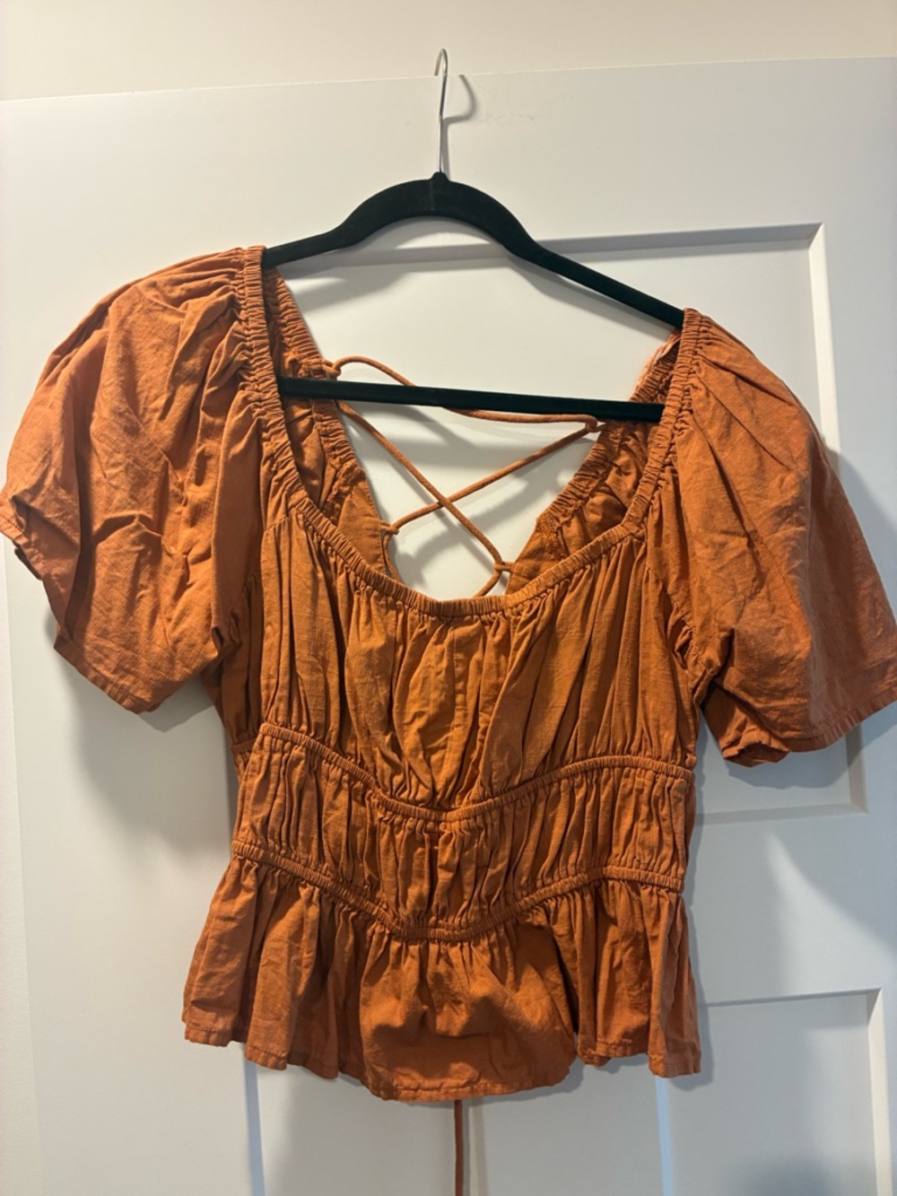 Free People Burnt Orange Peasant Blouse with Crisscross Back